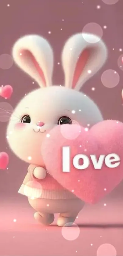 Cute bunny holding a love heart with pink background.