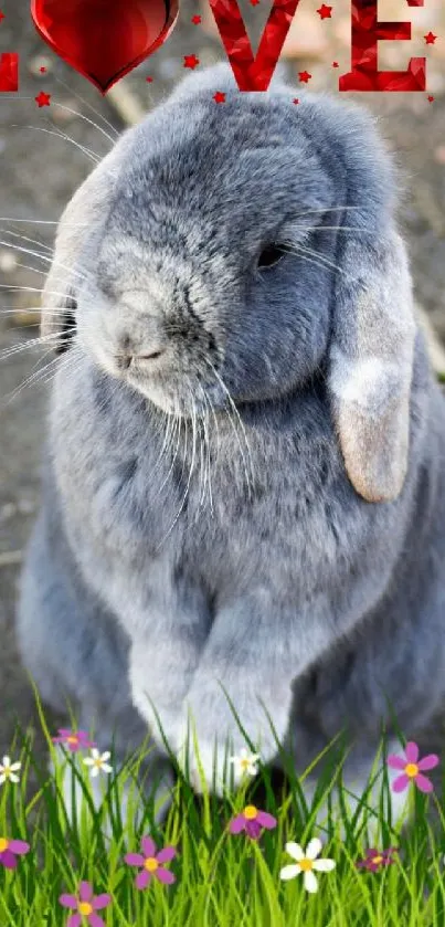 Gray bunny with love text and vibrant flowers, perfect wallpaper.