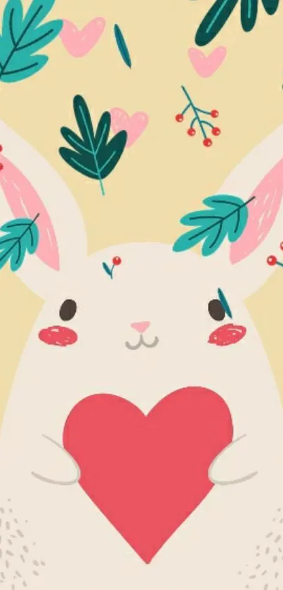 Cartoon bunny holding heart with nature elements.