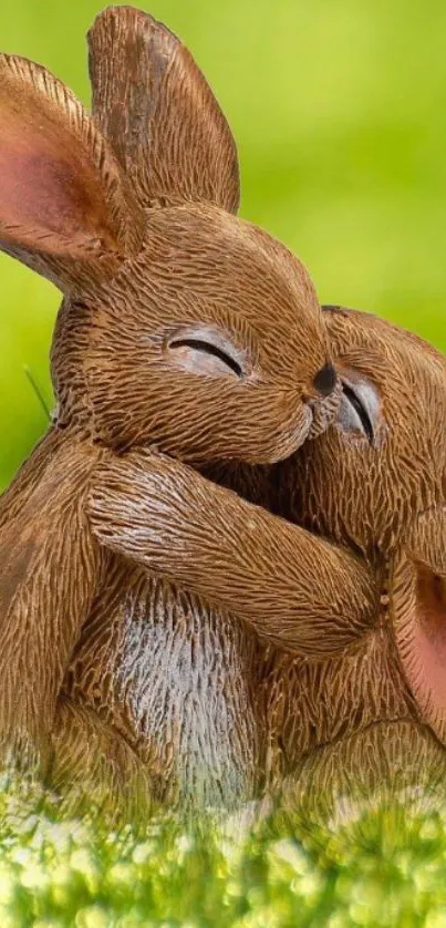 Two wooden bunnies hugging on green grass