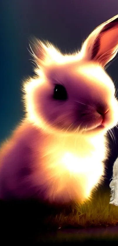 Adorable bunny glowing softly in serene wallpaper on grass.