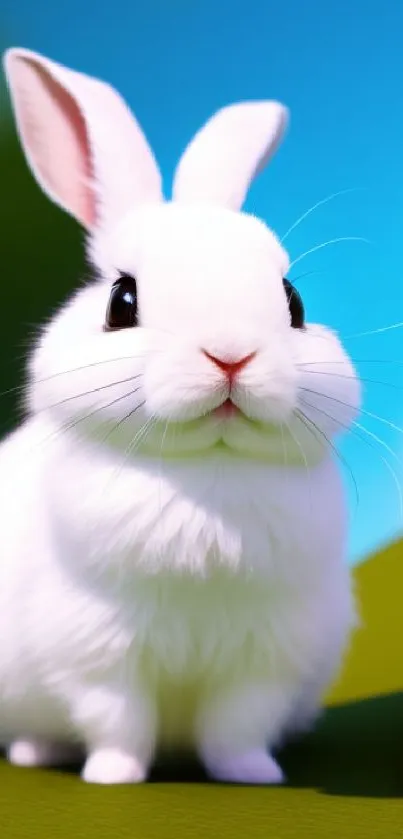 Adorable white bunny in a lush, vibrant setting with a blue sky.