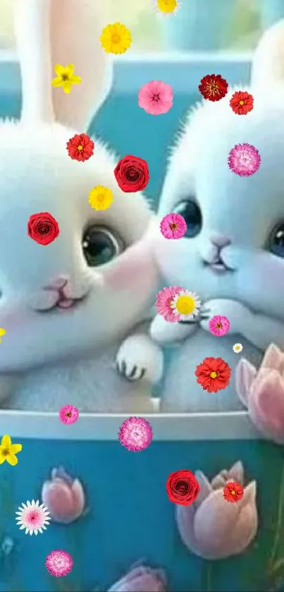 Adorable bunnies in a cute blue floral cup, ideal mobile wallpaper.