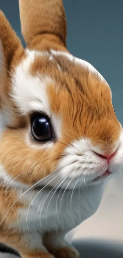 Cute bunny with lifelike fur and big eyes on a mobile wallpaper.