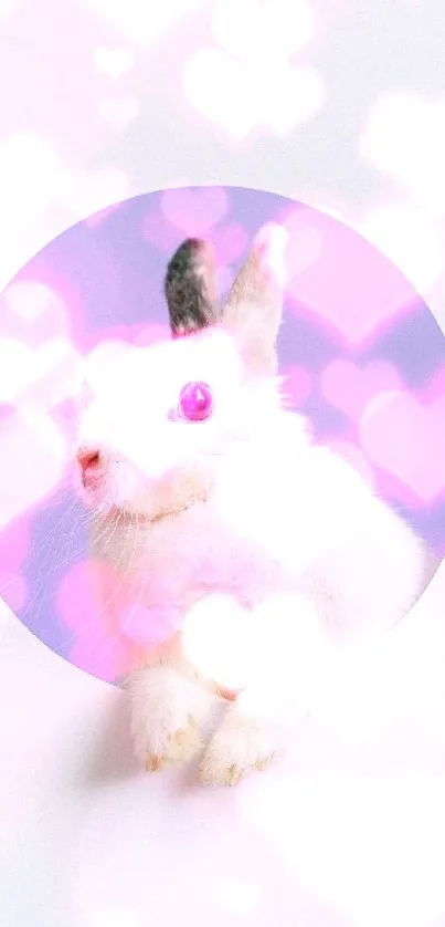 Adorable white bunny on a lavender background peeking through a circular frame.