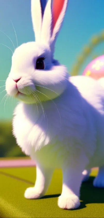 Cute white bunny on green grass with colorful background.