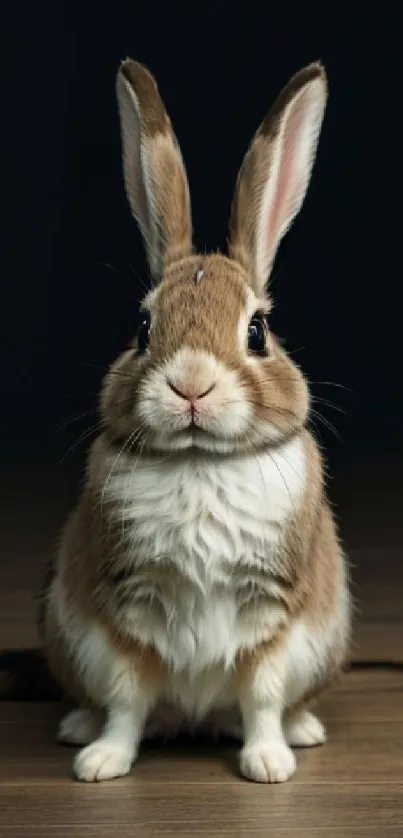 Adorable brown bunny sitting on wooden floor with black background.