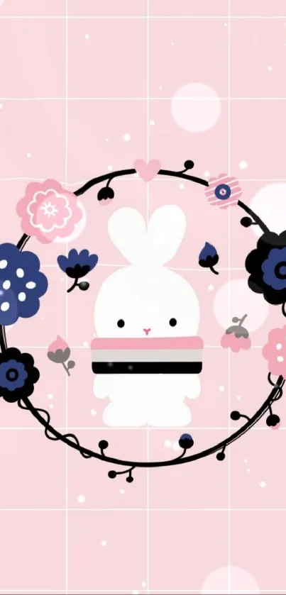 Cute bunny and flowers on pink checked wallpaper design.