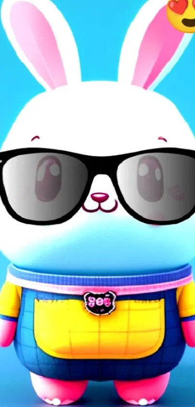 Cute cartoon bunny with sunglasses in a colorful background.