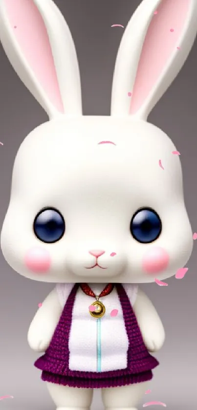 Wallpaper of a cute white bunny with blue eyes and pink ears in a purple outfit.