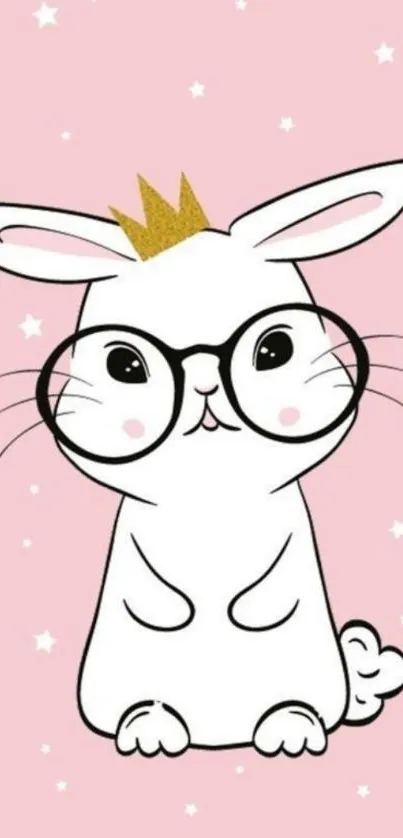 Cute bunny with glasses and crown on pink wallpaper.