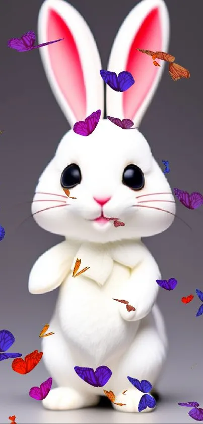 Adorable cartoon bunny with pink ears on wallpaper.