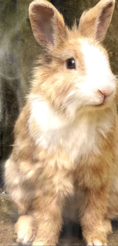 Adorable fluffy bunny with light brown fur sitting outdoors.