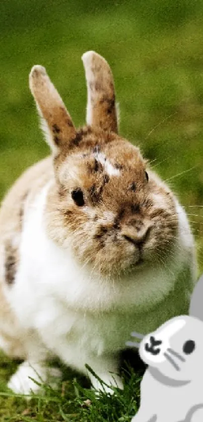 Cute bunny sitting on green grass with a cartoon rabbit.