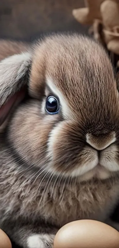 Close-up of a cute fluffy bunny with soft fur and a curious expression.