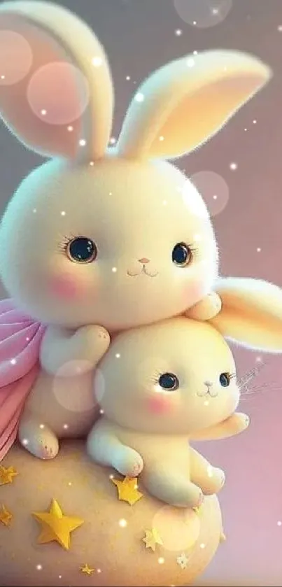 Cute bunnies under moonlit sky with stars and pastel tones.