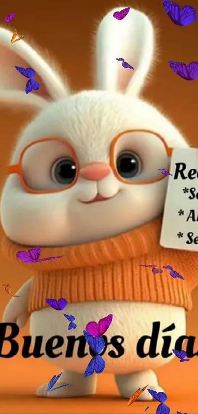 Adorable bunny with glasses holding a motivational sign and greeting text.