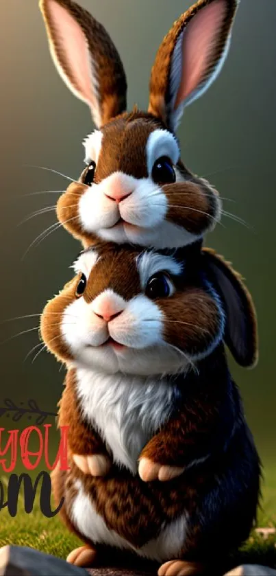 Cute mother and baby bunny mobile wallpaper with a loving message.