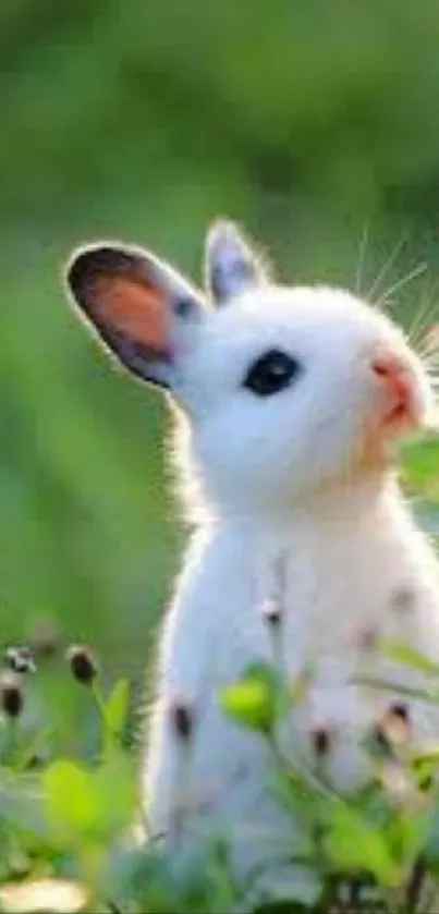 Adorable white bunny in lush green surroundings.