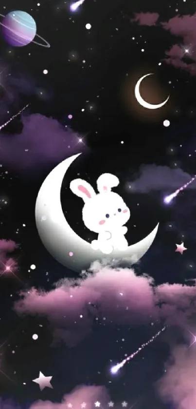 Cute bunny sitting on moon with stars and purple clouds in night sky.