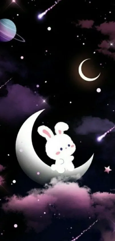 Cute bunny on crescent moon with stars and planets.