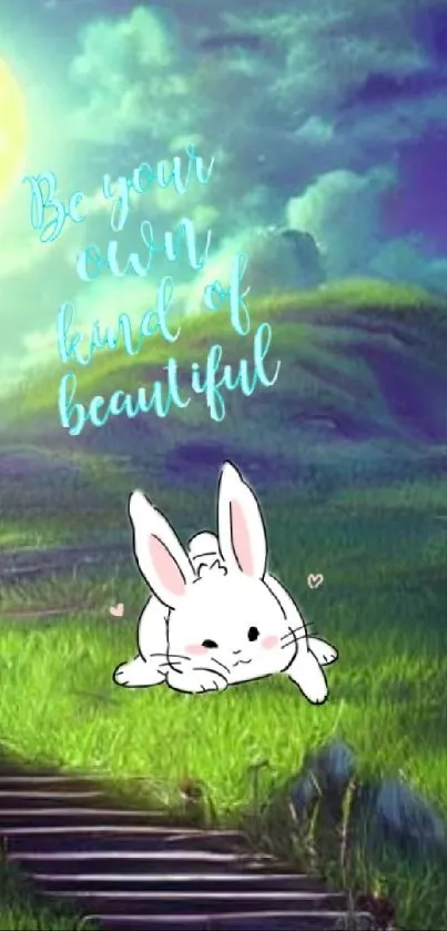 Cute bunny and moonlit night landscape mobile wallpaper.