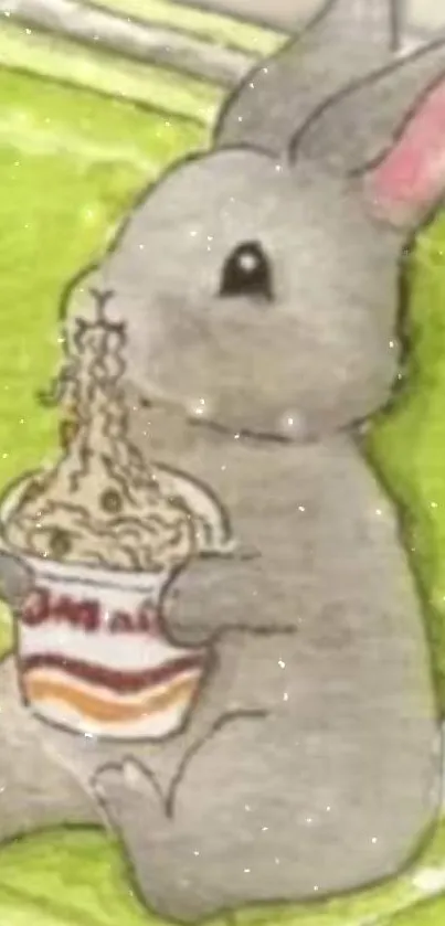 Cute gray bunny eating noodles from a cup with a green background.