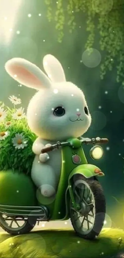 Cute bunny on green scooter with flowers in forest.