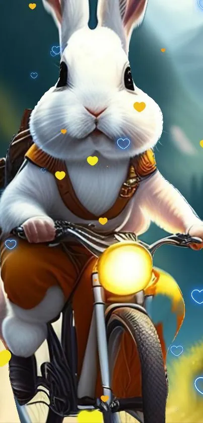 White bunny rides a bicycle with hearts drifting, in a serene mountain landscape.