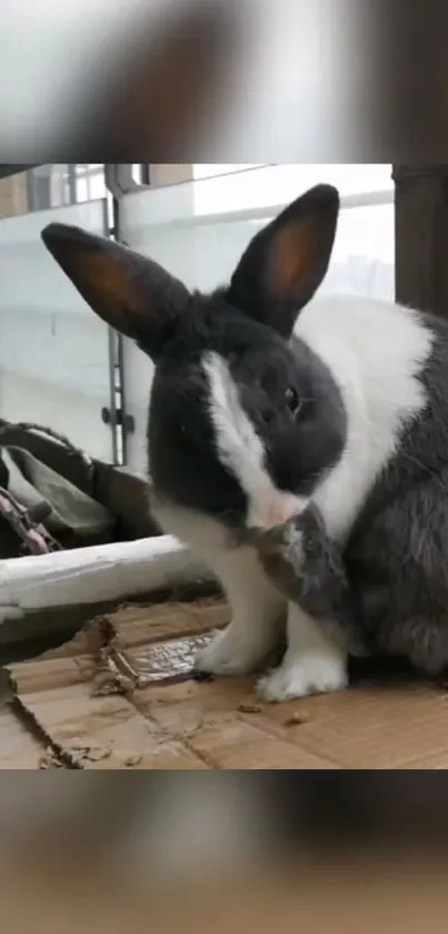 Black and white bunny sitting on cardboard.