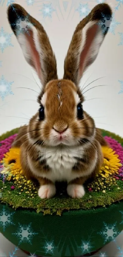 Adorable bunny sitting atop colorful flowers.