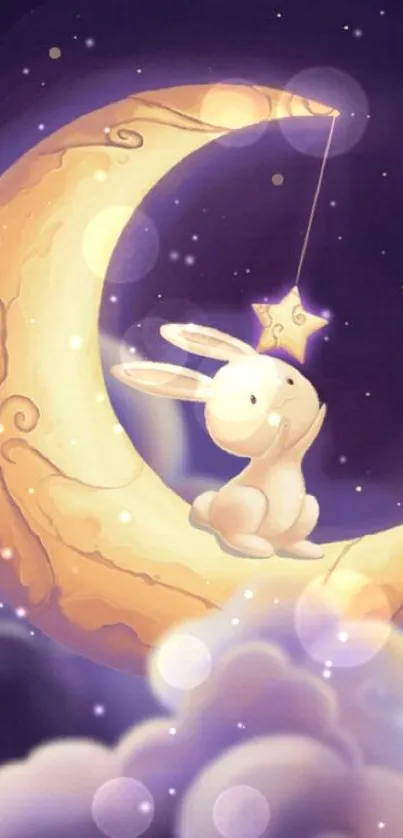 Cute bunny sitting on crescent moon under starry sky.