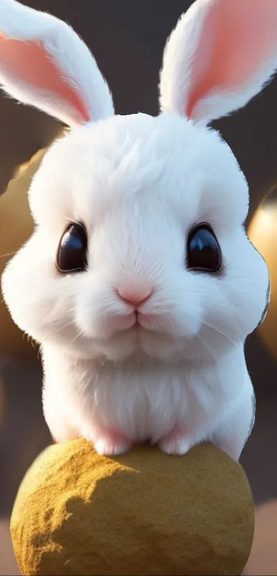 Cute white bunny sitting on a golden egg, perfect for a mobile wallpaper.