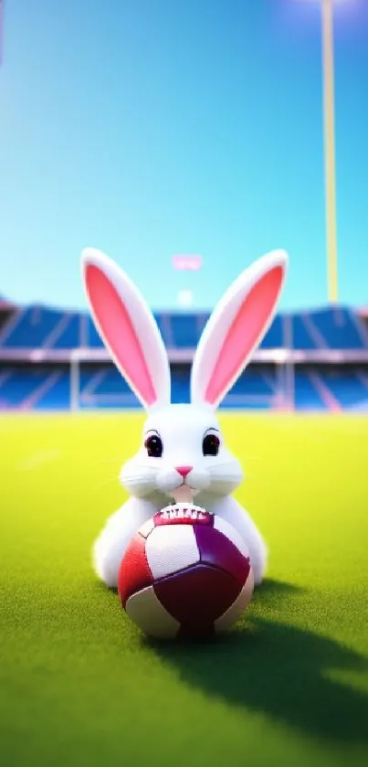 Cute bunny with football at stadium field.