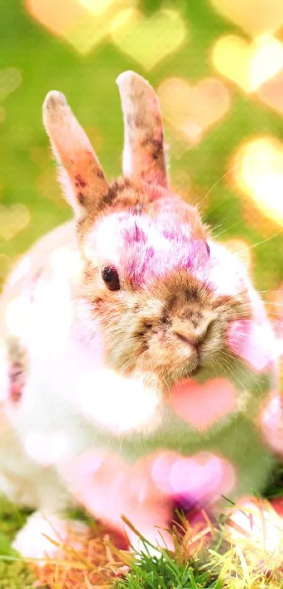 Adorable brown and white bunny sitting on green grass.