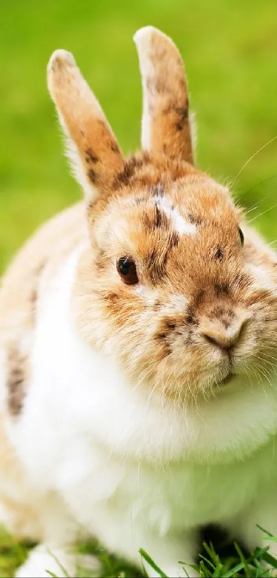 Cute bunny sitting on vibrant green grass.