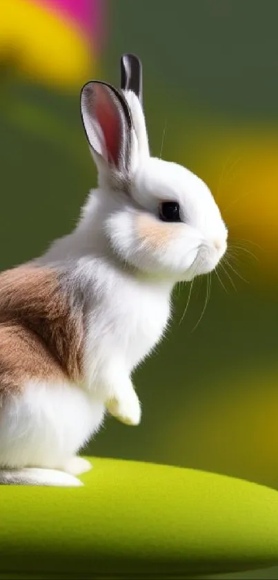 Adorable bunny sitting on a vibrant green leaf.