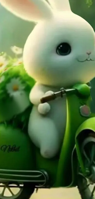 Cute bunny riding a green scooter with flowers.