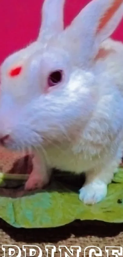 White rabbit sitting on green leaf with pink background.