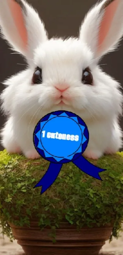 Fluffy white rabbit on a mossy pot with blue ribbon