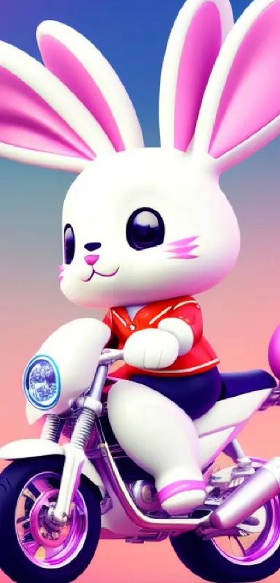 Cute bunny on a motorcycle with a colorful gradient background.