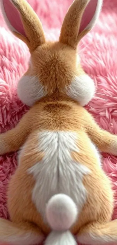 Cute bunny lying on a pink fluffy blanket.