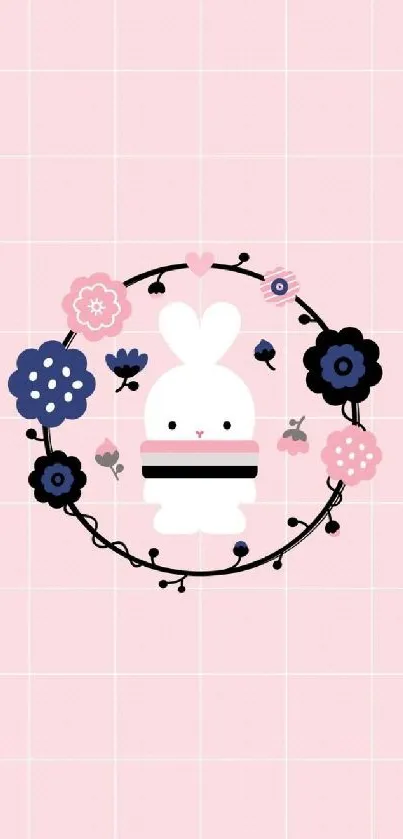 Cute bunny with floral wreath on pink grid background.