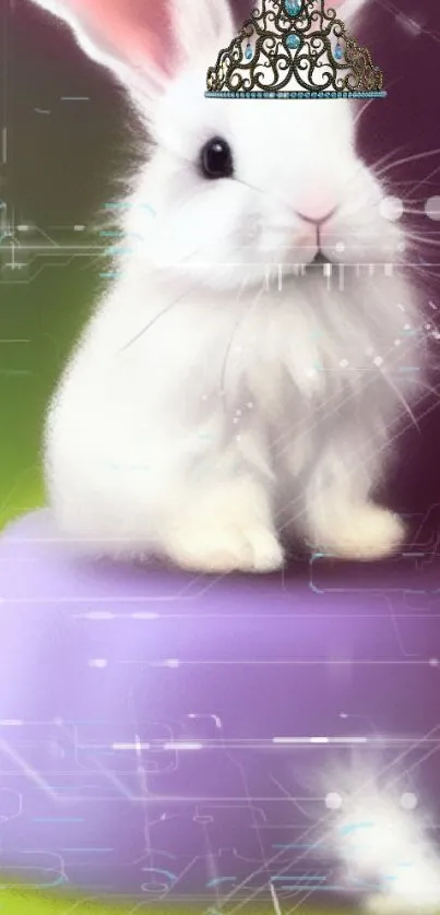 White bunny with a tiara on purple pedestal, digital fantasy theme.