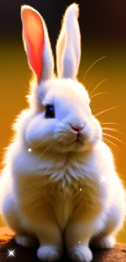 White bunny sitting on rock during golden sunset.