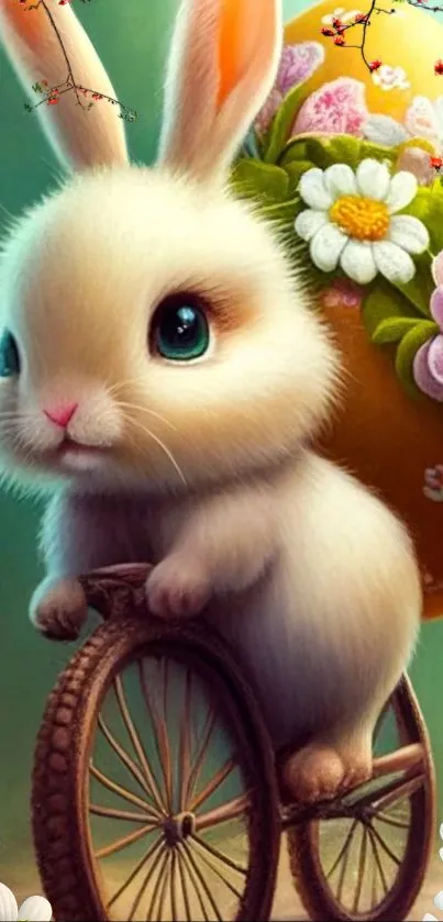 Adorable bunny riding a tricycle with flowers in springtime.
