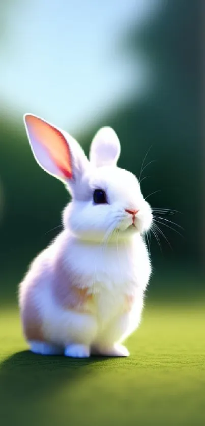 Cute white bunny with pink ears on green grass.