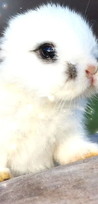 Cute white bunny on a wooden log with nature background.