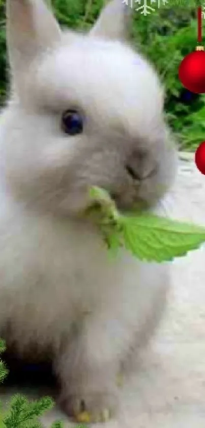 Two cute bunnies munching leaves in a peaceful garden.