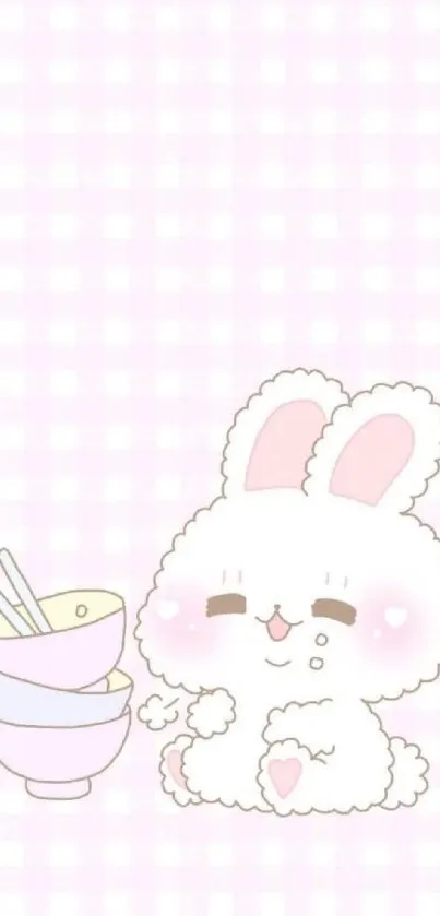 Cute bunny with pastel colors on a gingham pattern phone wallpaper.